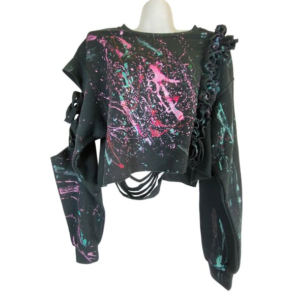 Black Distressed Splatter Paint Cropped Sweatshirt Medium Shredded Punk Eighties - Picture 3 of 6